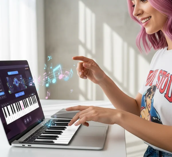 Person playing virtual piano on laptop, simple and fun