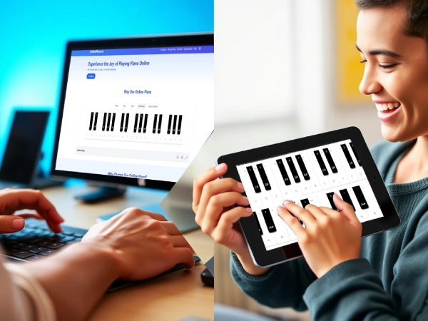 Person using computer keyboard and tablet to play virtual piano.