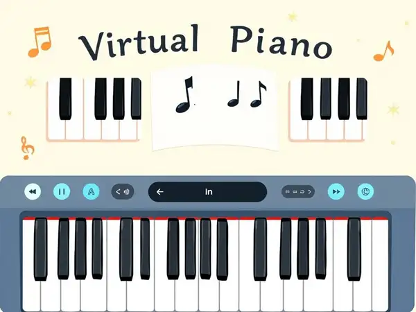 Online virtual piano interface showing keyboard and user interface.