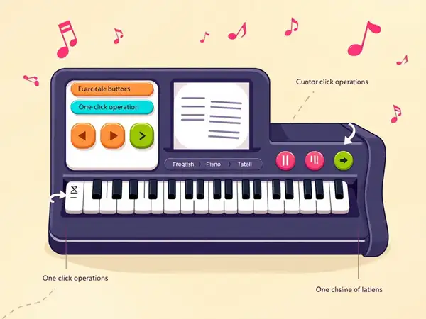 Virtual piano interface with multiple function buttons and one click operation.