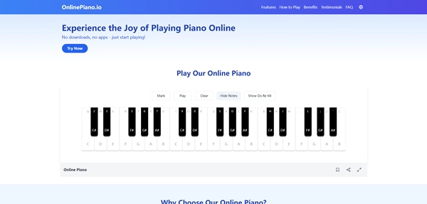 Virtual piano interface with keyboard and interactive features.