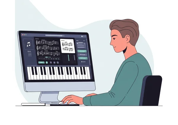 Benutzer lernt Vom-Blatt-Spiel am Klavier online