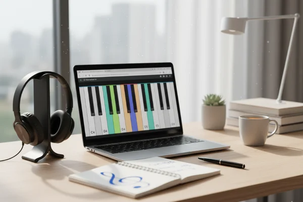 Laptop piano and headphones on desk