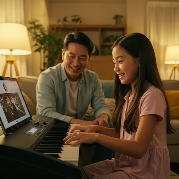 家人享受在线钢琴音乐