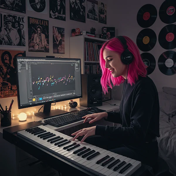Joven tocando un piano virtual en casa