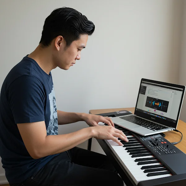 Músico compartiendo su viaje con el piano online