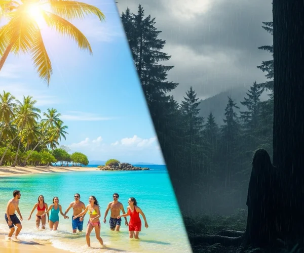 Sunny beach vs rainy forest