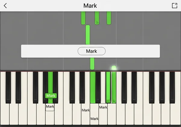 Virtual piano interface with "Mark" feature active.