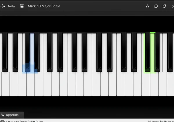 Piano virtual con las teclas de la escala de Do Mayor resaltadas