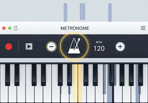 Interfaz de piano online con los controles del metrónomo resaltados