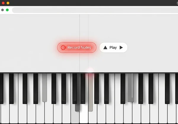 Interfaz de piano virtual mostrando los botones de grabar y reproducir