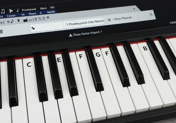 Virtuelle Klaviertastatur mit beschrifteten Noten C, D, E, F, G, A, H.