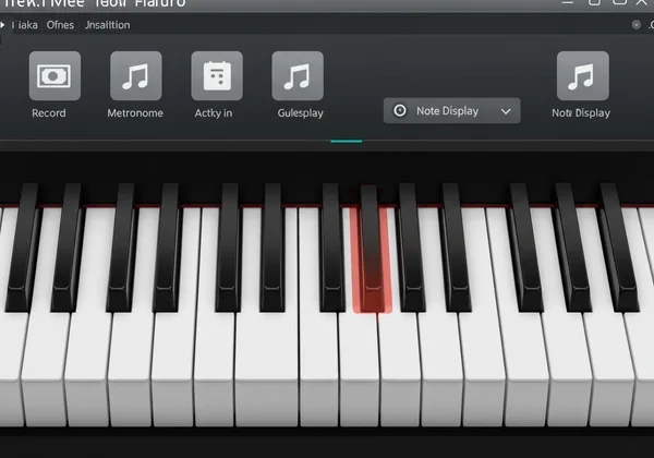 Online piano keyboard with music notes displayed on keys.