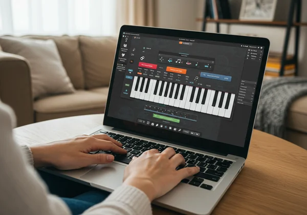 Person playing a virtual piano online with a laptop.
