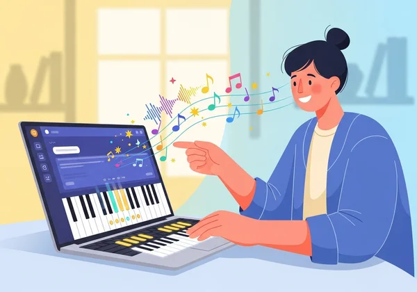 Persona tocando un piano virtual en un portátil, aprendizaje fácil