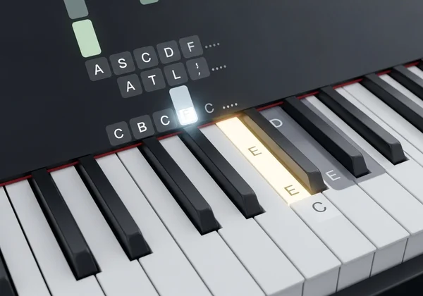 Teclado de piano virtual con notas y teclas resaltadas