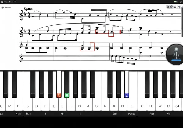Online piano with note names and highlighted keys.