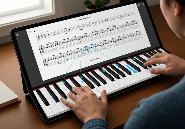 Hands playing virtual piano with integrated sheet music.