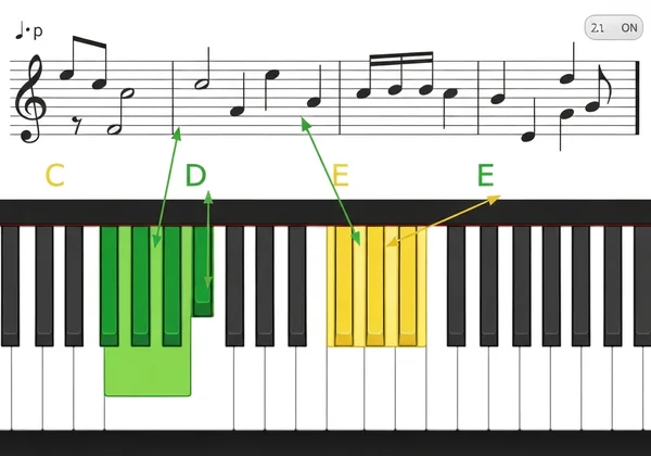 Online piano with highlighted notes on keyboard and staff