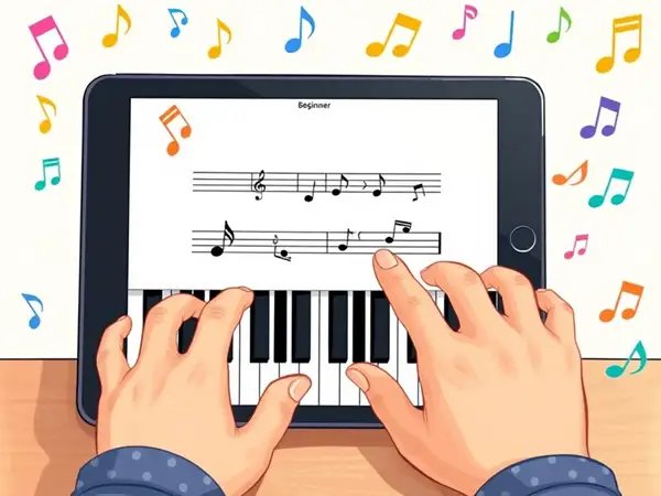 Beginner learning simple melody on virtual piano with musical notes.