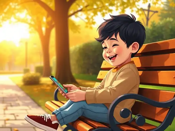 Child playing online piano on smartphone in park.