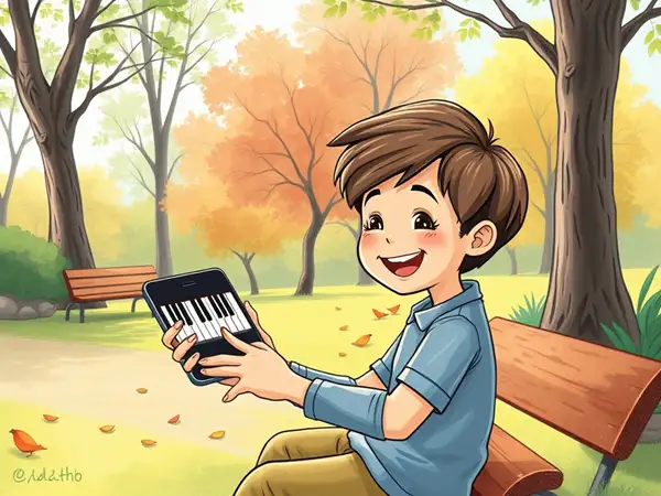 Child playing online piano on smartphone in park.