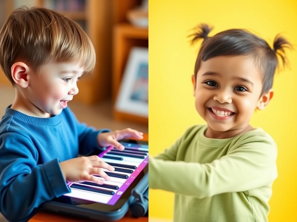 Child using virtual piano on tablet, smiling at the camera.