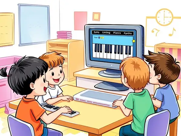 Children using online piano for fun and learning.