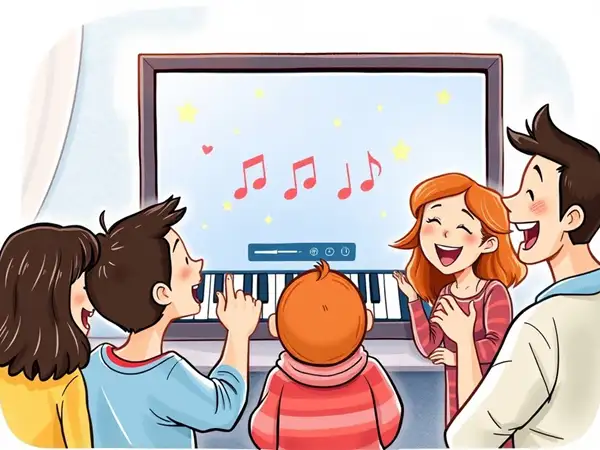 Group of friends singing and enjoying music with virtual piano.