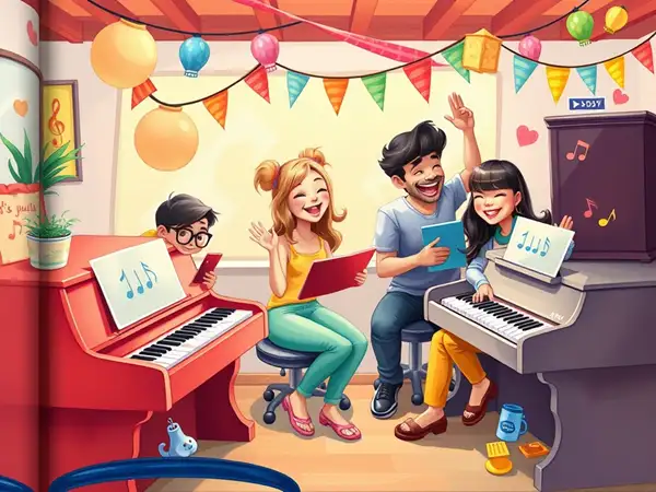 Group of friends enjoying music together with online-piano.