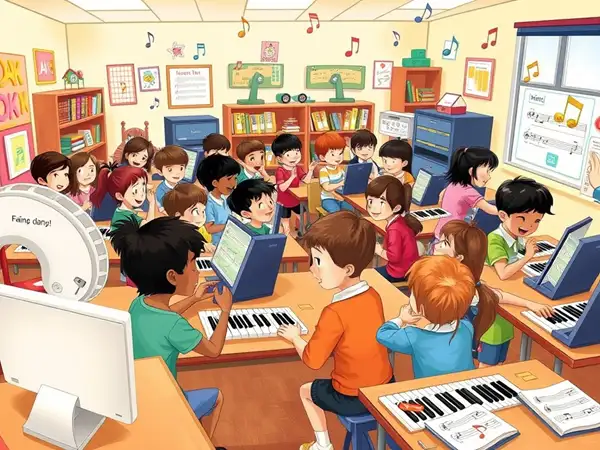 Kids in class using online piano for music activity.