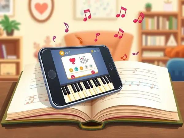 Mobile device running virtual piano app for on the go accessibility.