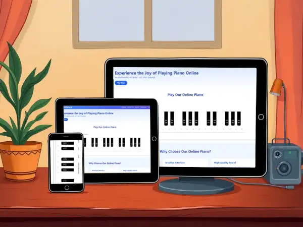 Online piano interface on multiple devices (phone, tablet, computer).