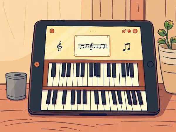 Online piano interface on tablet with tutorial.