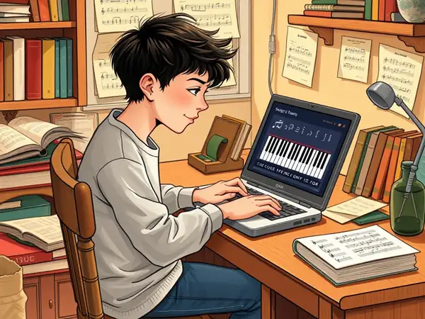 Person playing online piano on laptop with books.