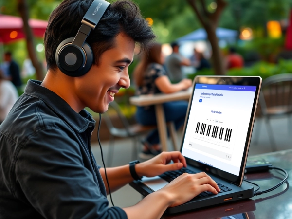 Person playing virtual piano on laptop in a public place.