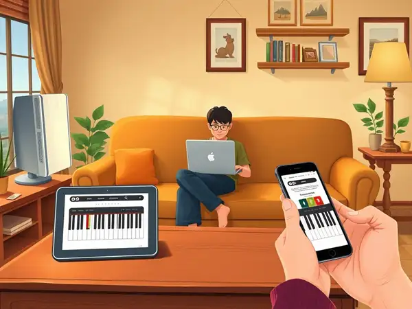 User playing online piano on various devices.