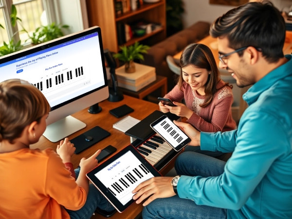 User playing virtual piano on different devices (PC, tablet, phone).