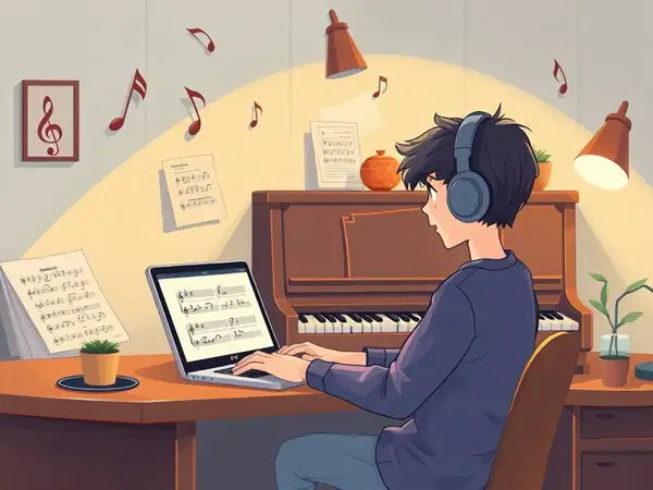 User with headphones playing online piano.