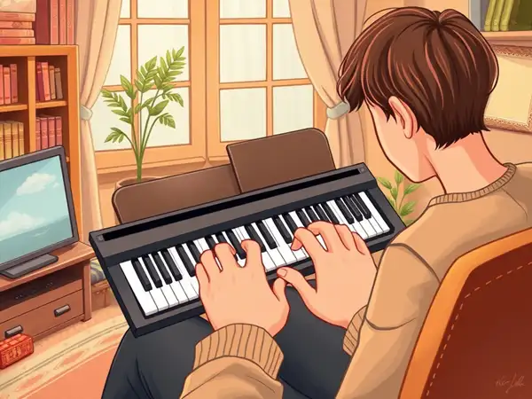 Person using virtual piano on phone or computer in cozy home setting.