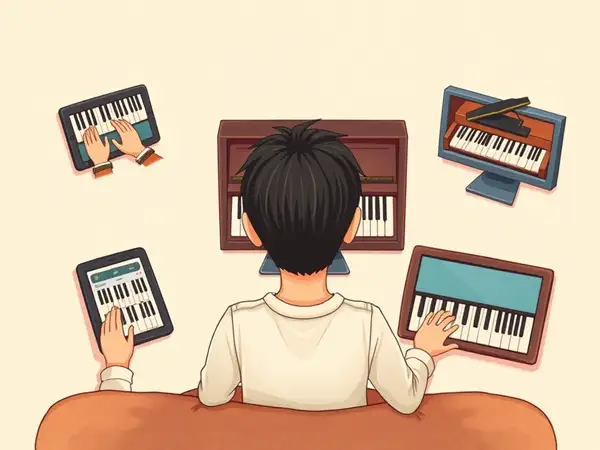 Virtual piano being used on phone tablet and computer showing compatibility.